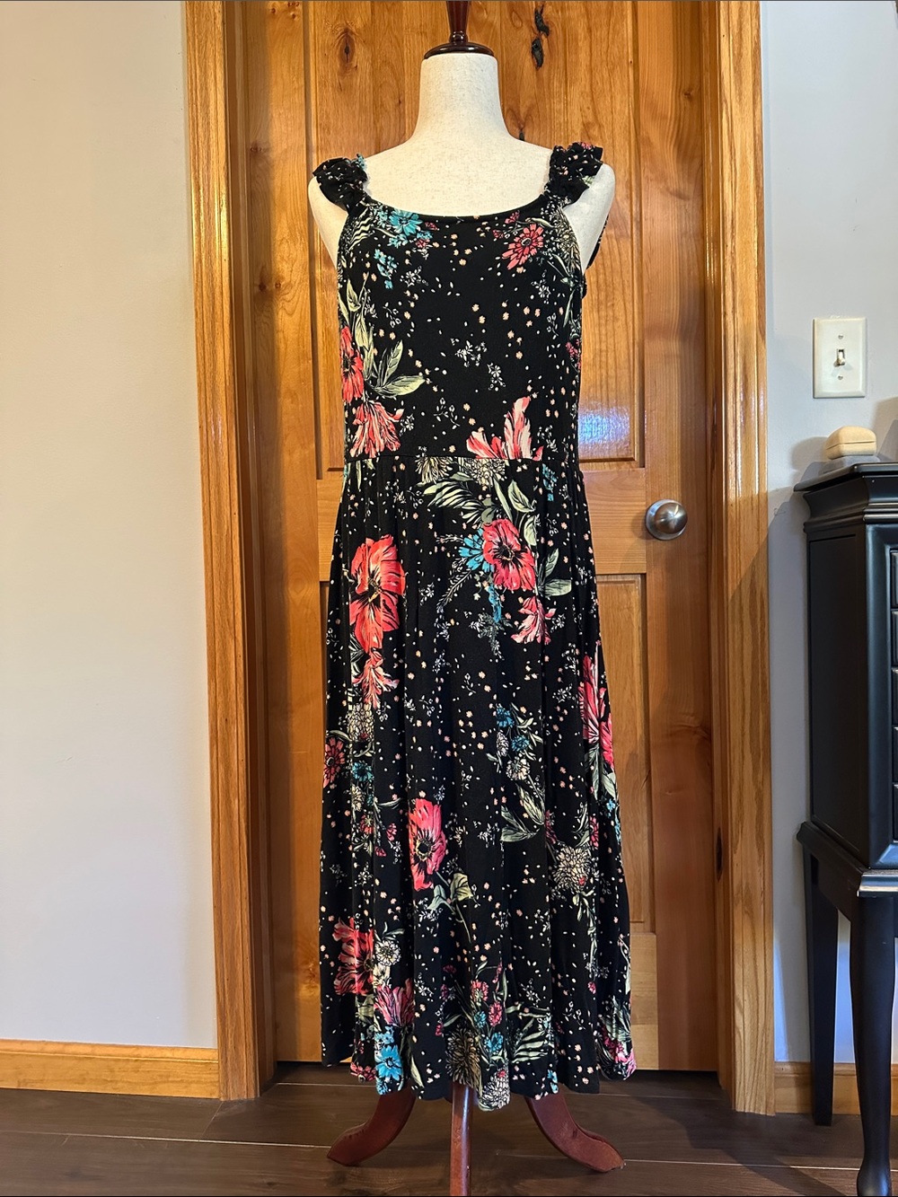 Maurices Black Maxi Dress with Pink & Teal Floral Print